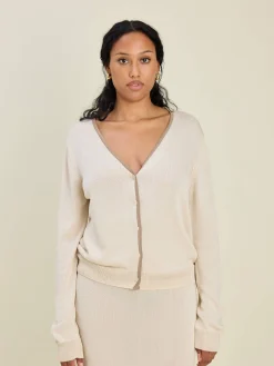 Contrast V-neck Cardigan Ivory