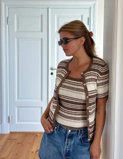 Knitted Short Sleeve Cardigan Brown Stripe