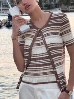 Knitted Short Sleeve Cardigan Brown Stripe