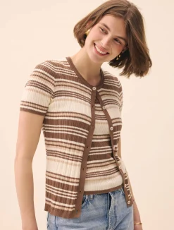 Knitted Short Sleeve Cardigan Brown Stripe