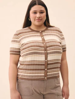 Knitted Short Sleeve Cardigan Brown Stripe