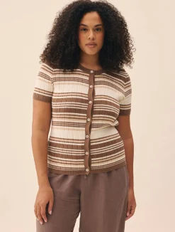 Knitted Short Sleeve Cardigan Brown Stripe