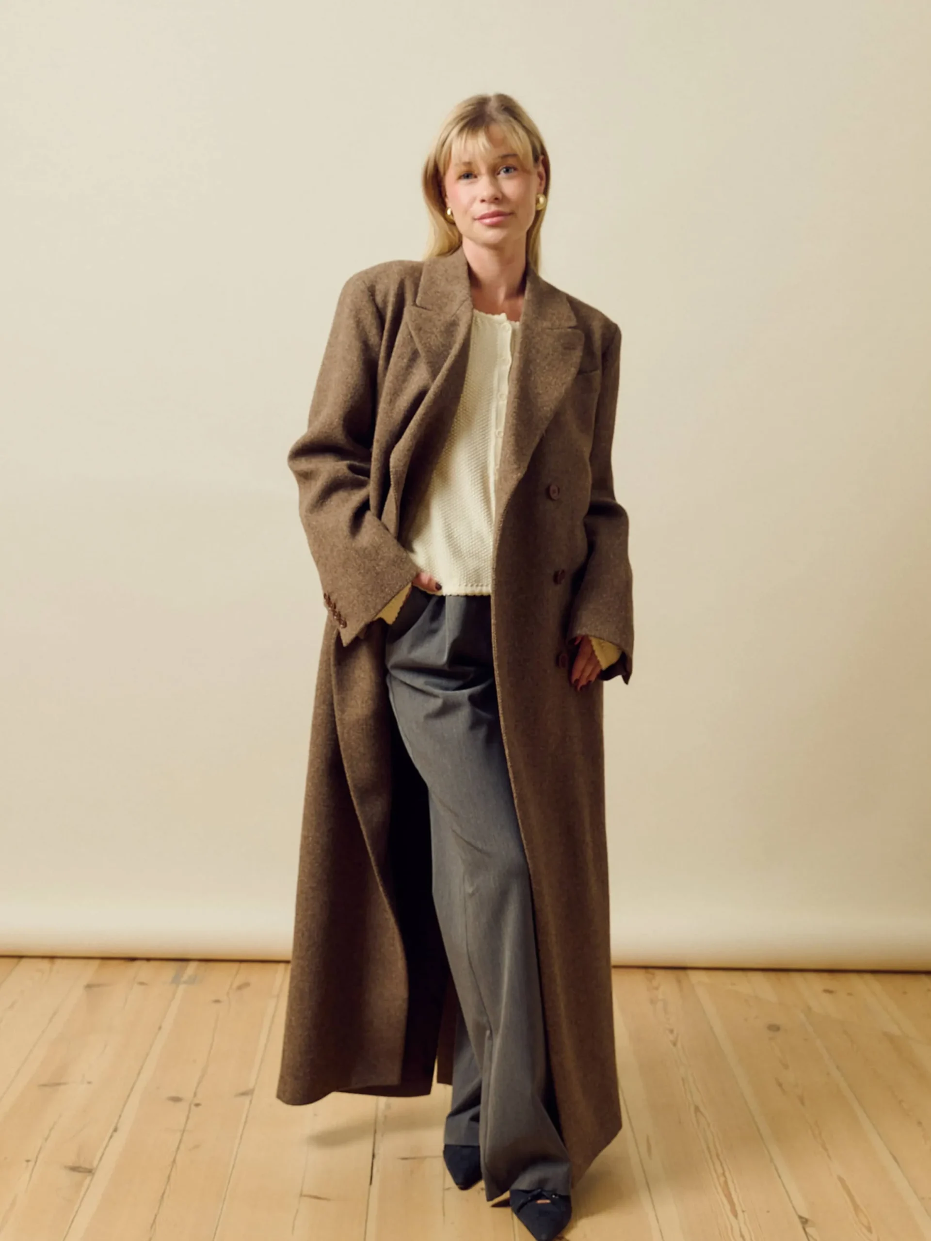 Long Wool Coat Brown Herringbone