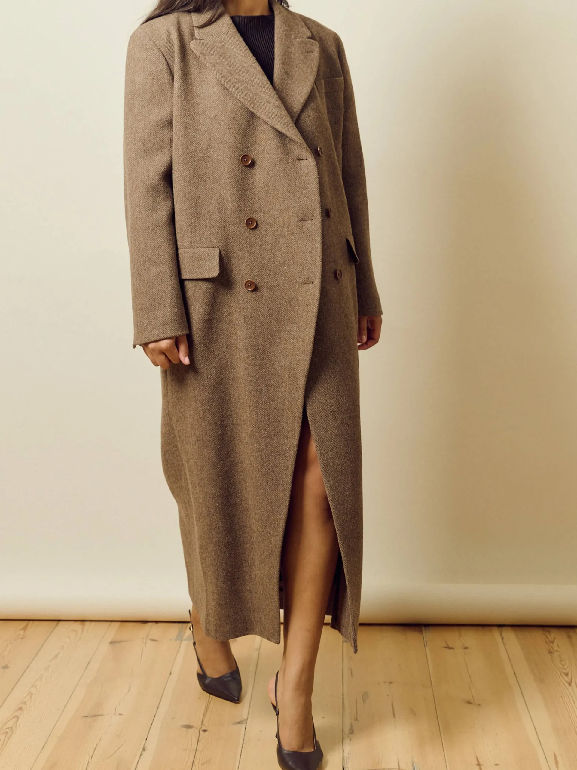 Long Wool Coat Brown Herringbone