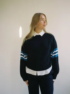Striped Sleeve Crewneck Blue