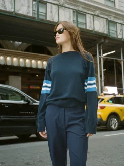 Striped Sleeve Crewneck Blue